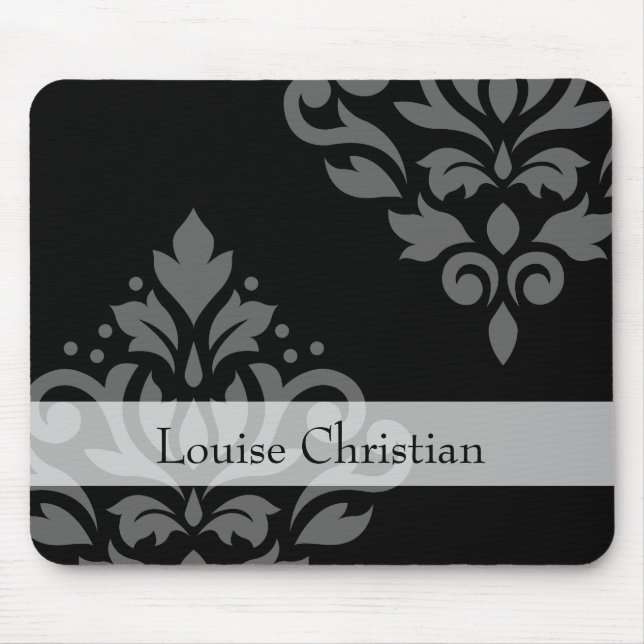 Scroll Damask Art I Grey on Black (Personalised) Mouse Pad (Front)