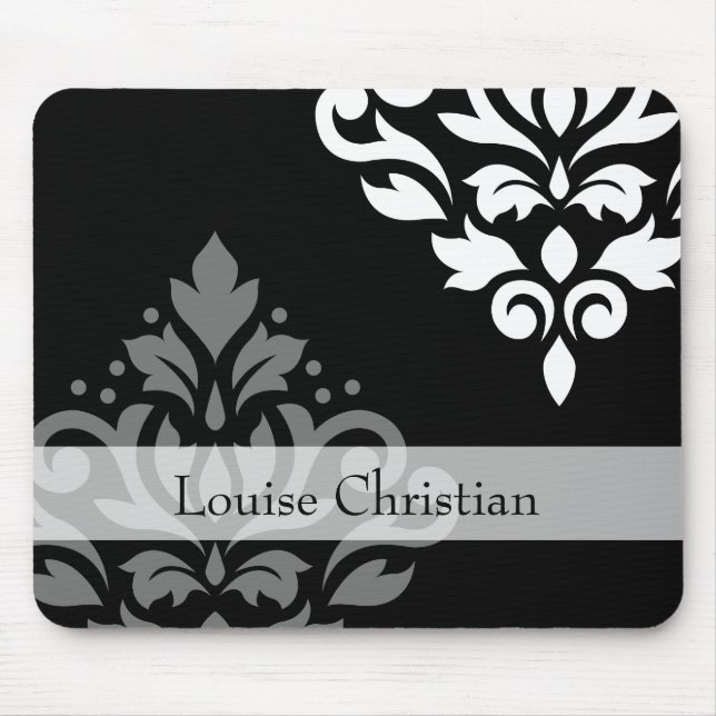 Scroll Damask Art I Grey+Wt on Blk (Personalised) Mouse Pad (Front)