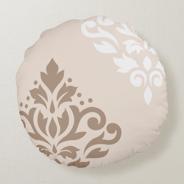 Scroll Damask Art I Light Taupe & White on Cream Round Cushion (Back)