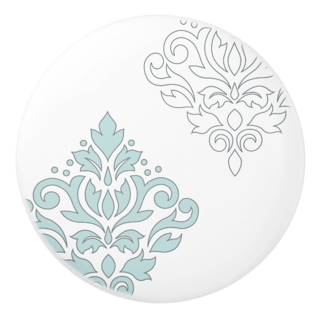Scroll Damask Art I (line) Duck Egg Blue Grey Wt Ceramic Knob (Front)