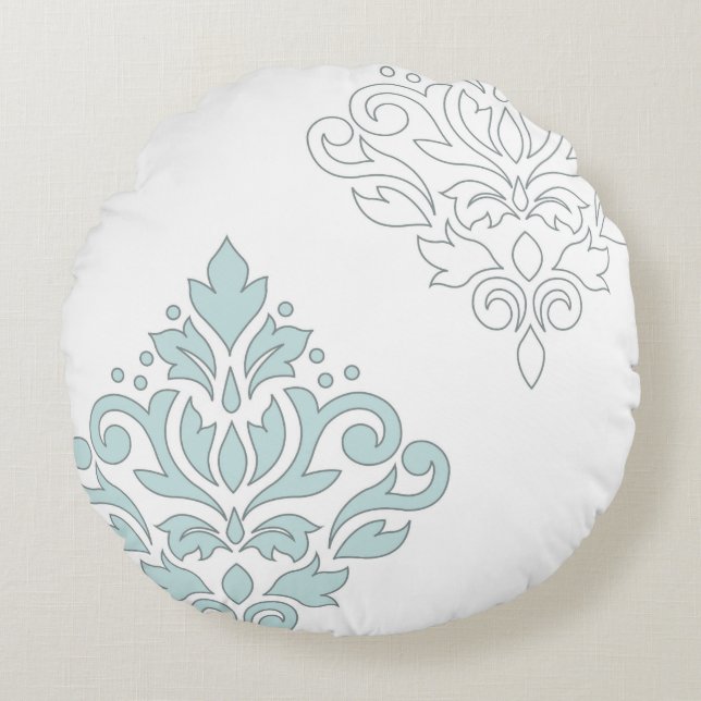 Scroll Damask Art I (line) Duck Egg Blue Grey Wt Round Cushion (Front)