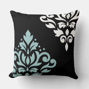 Scroll Damask Art I Lt Teal & Wt on Blk Cushion