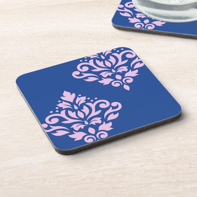 Scroll Damask Art I Pink on Blue Coaster (Left Side)