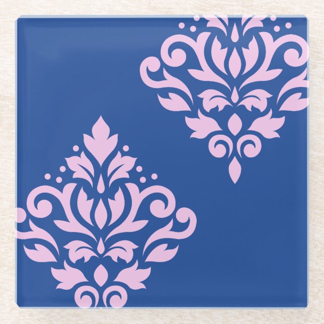 Scroll Damask Art I Pink on Blue Glass Coaster (Front)