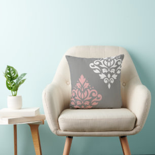 Scroll Damask Art I Pink White Grey Cushion