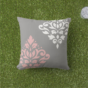 Scroll Damask Art I Pink White Grey Cushion