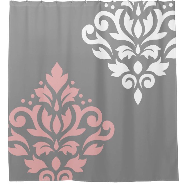 Scroll Damask Art I Pink White Grey Shower Curtain (Front)