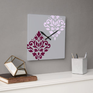Scroll Damask Art I Plum Pink Gray Square Wall Clock