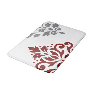 Scroll Damask Art I Red & Grey on White Bath Mat