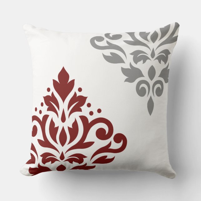 Scroll Damask Art I Red & Grey on White Cushion (Front)