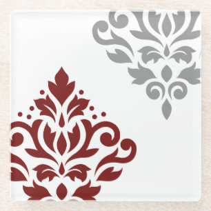 Scroll Damask Art I Red & Grey on White Glass Coaster
