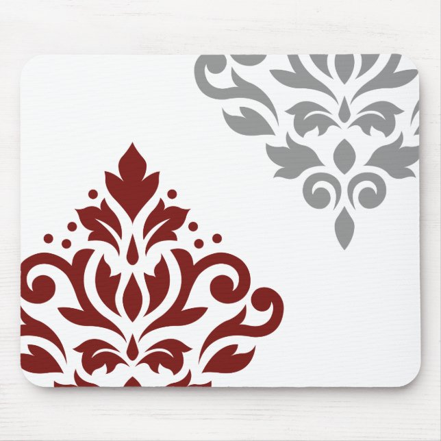 Scroll Damask Art I Red & Grey on White Mouse Pad (Front)