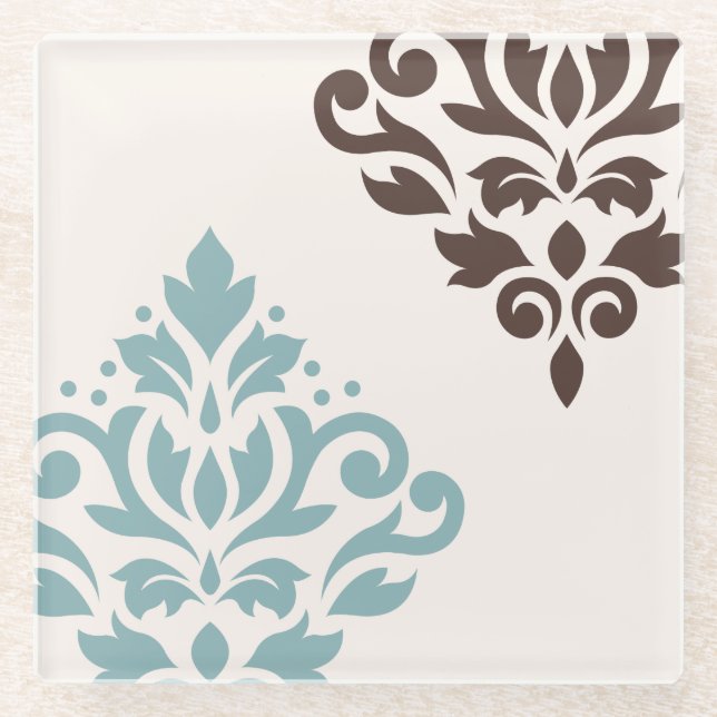 Scroll Damask Art I Teal Brown Cream Glass Coaster (Front)