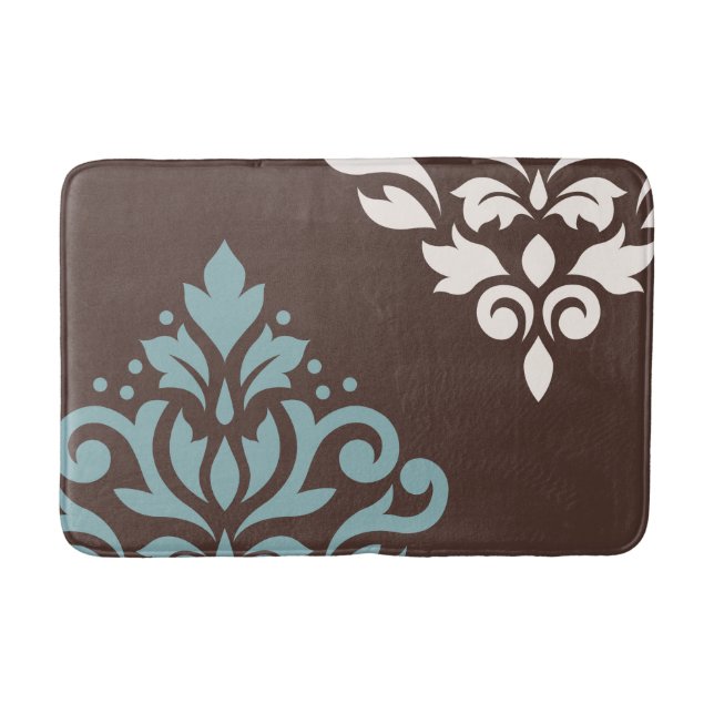 Scroll Damask Art I Teal Cream Brown Bath Mat (Front)