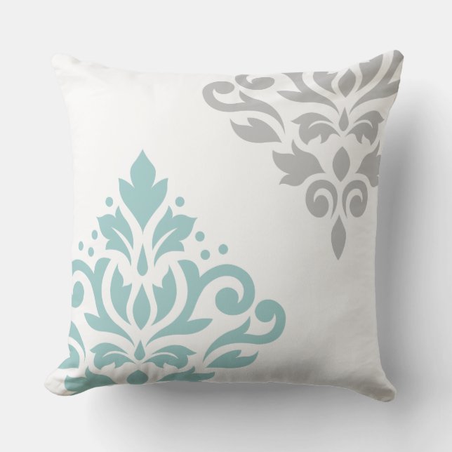 Scroll Damask Art I Teal & Grey on White Cushion (Front)