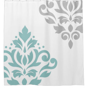 Scroll Damask Art I Teal & Grey on White Shower Curtain