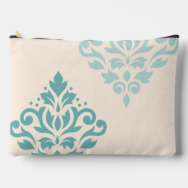 Scroll Damask Art I Teals on Cream Accessory Pouch (Front)