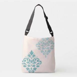 Scroll Damask Art I Teals on Cream Crossbody Bag