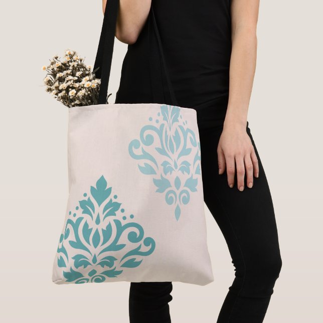 Scroll Damask Art I Teals on Cream Tote Bag (Close Up)