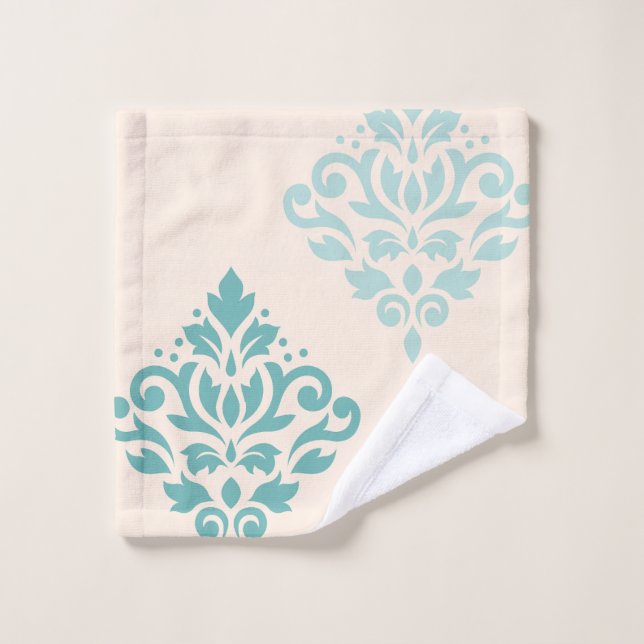 Scroll Damask Art I Teals on Cream Wash Cloth (Wash Cloth)