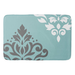 Scroll Damask Art I White & Grey on Light Teal Bath Mat