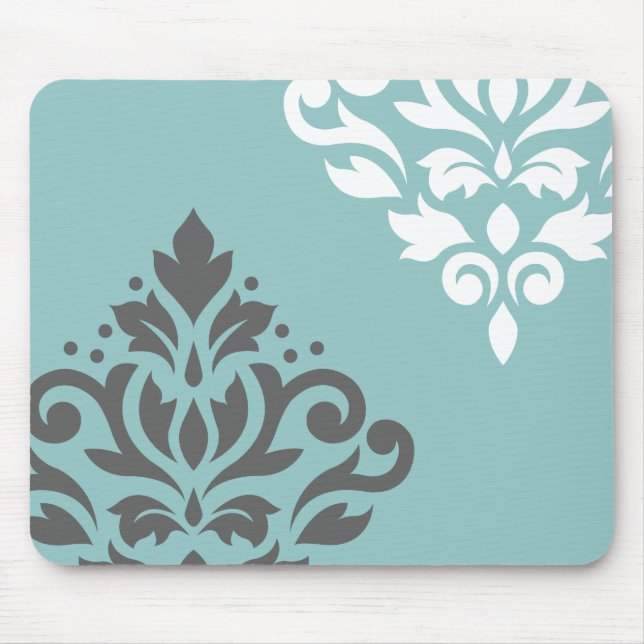 Scroll Damask Art I White & Grey on Light Teal Mouse Pad (Front)