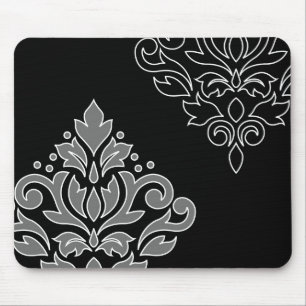 Scroll Damask Art I White Line Grey Black Mouse Pad