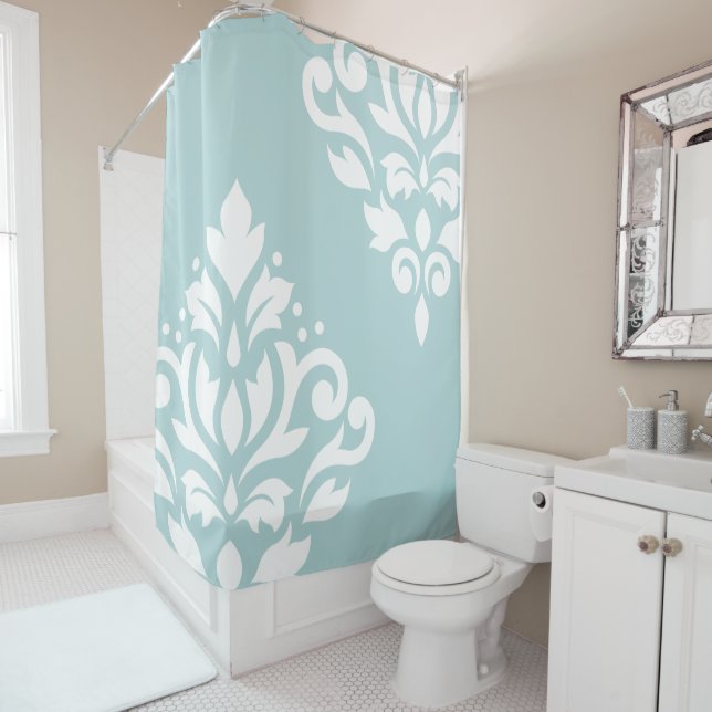 Scroll Damask Art I White on Duck Egg Blue (B) Shower Curtain (In Situ)