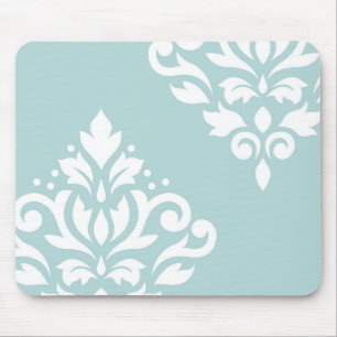 Scroll Damask Art I White on Duck Egg Blue Mouse Pad