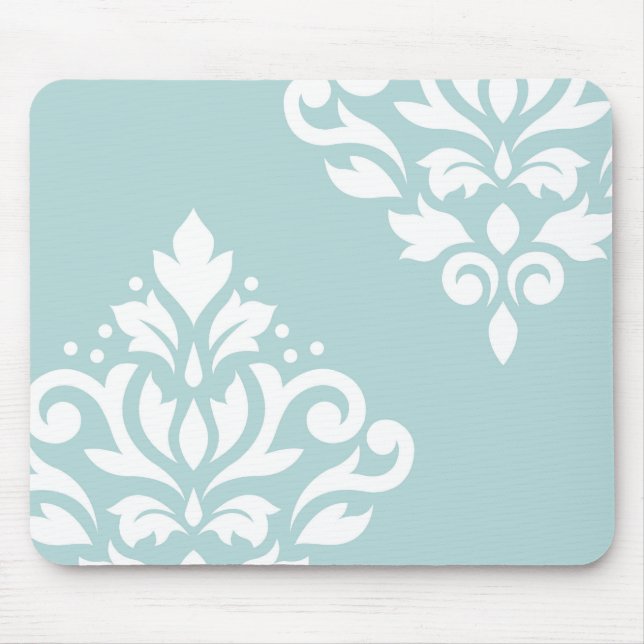 Scroll Damask Art I White on Duck Egg Blue Mouse Pad (Front)