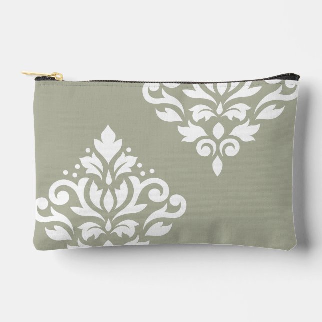 Scroll Damask Art I White on Green Accessory Pouch (Front)