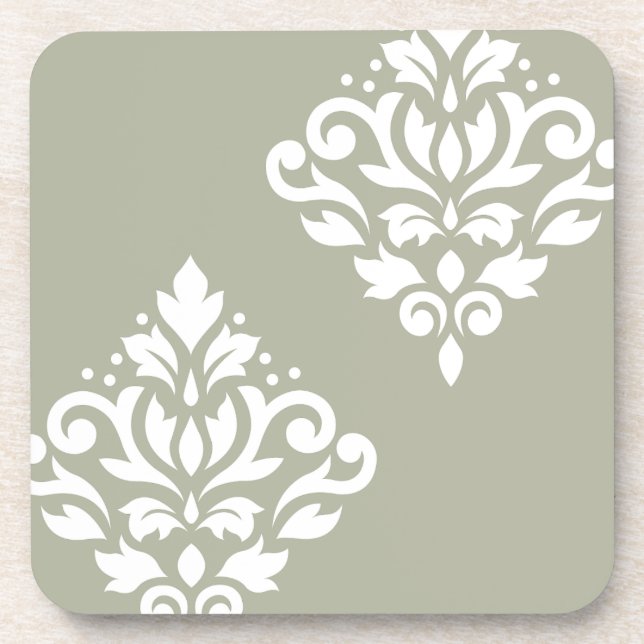 Scroll Damask Art I White on Green Coaster (Front)