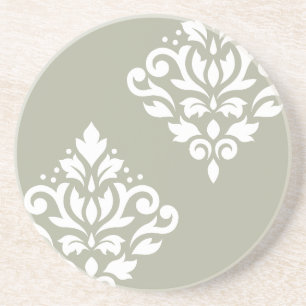 Scroll Damask Art I White on Green Coaster