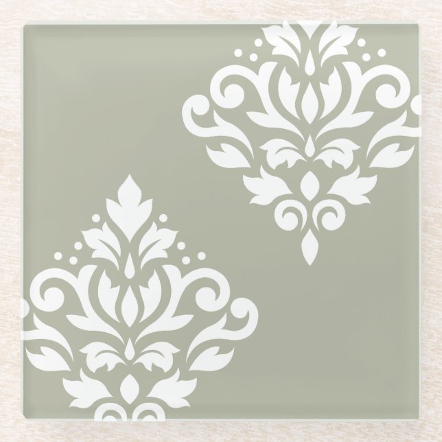 Scroll Damask Art I White on Green Glass Coaster (Front)