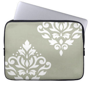 Scroll Damask Art I White on Green Laptop Sleeve