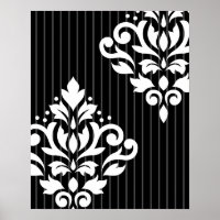 Scroll Damask Art I White on Grey Stripes & Black