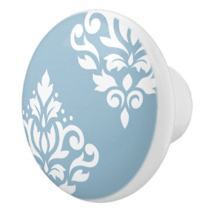 Scroll Damask Art I White on Light Blue Ceramic Knob