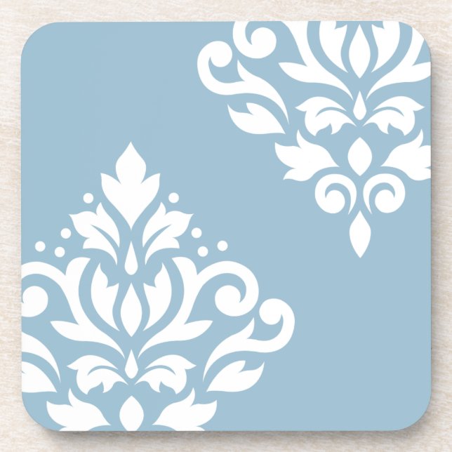 Scroll Damask Art I White on Light Blue Coaster (Front)