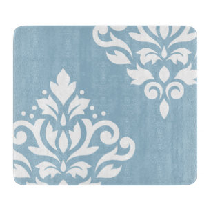 Scroll Damask Art I White on Light Blue Cutting Board
