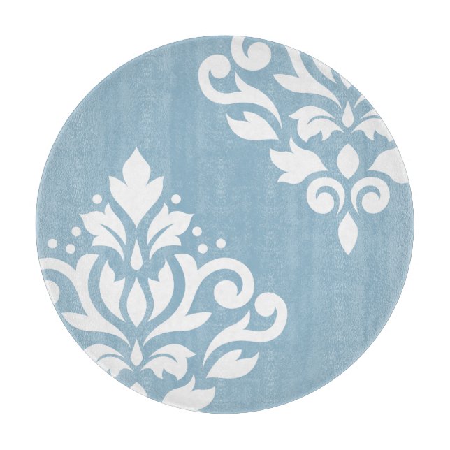 Scroll Damask Art I White on Light Blue Cutting Board (Front)