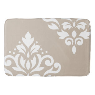 Scroll Damask Art I White on Light Taupe Bath Mat