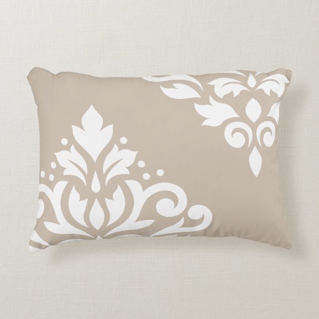Scroll Damask Art I White on Light Taupe Decorative Cushion (Front)