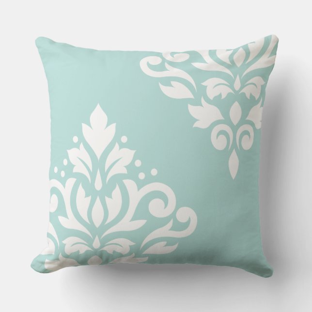 Scroll Damask Art I White on Light Teal Cushion (Front)