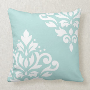 Scroll Damask Art I White on Light Teal Cushion