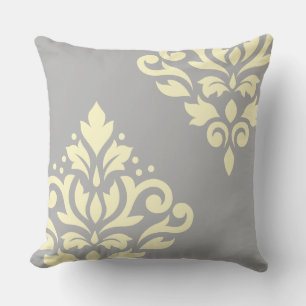 Scroll Damask Art I Yellow on Grey Cushion