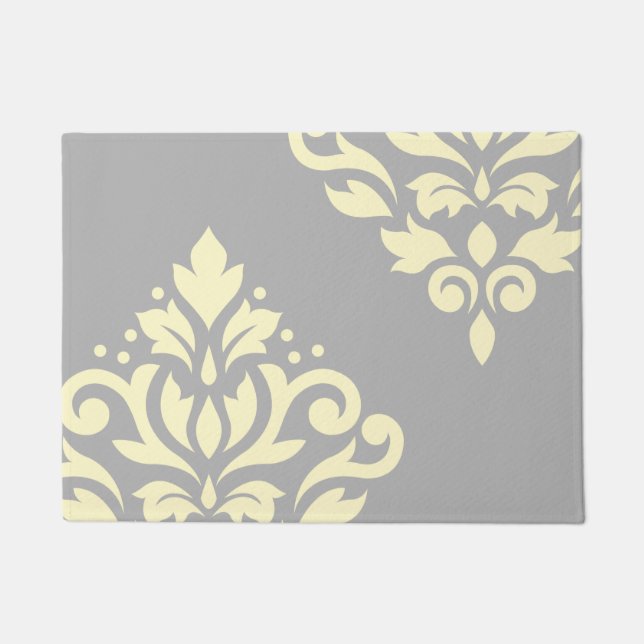 Scroll Damask Art I Yellow on Grey Doormat (Front)