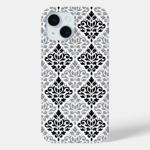 Scroll Damask Big Pattern Black Grey White iPhone 15 Case