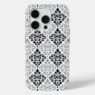 Scroll Damask Big Pattern Black Grey White iPhone 15 Pro Case