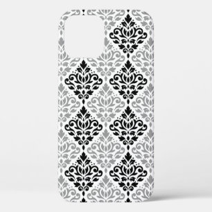 Scroll Damask Big Pattern Black Grey White iPhone 12 Case