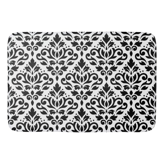 Scroll Damask Big Pattern Black on White Bath Mat (Front)